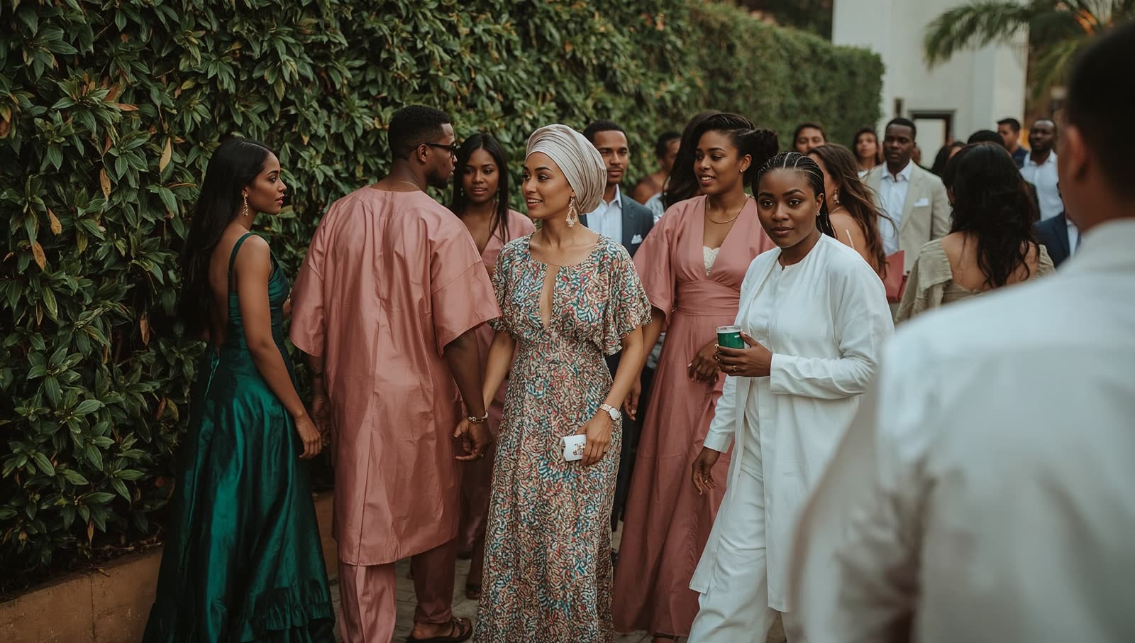 Guests in coordinated emerald, clay pink, and gold attire at a contemporary Nigerian wedding
