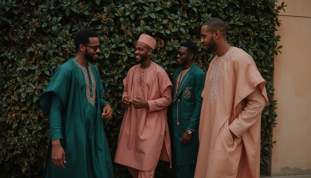 Four men in coordinated emerald and clay pink Nigerian wedding attire