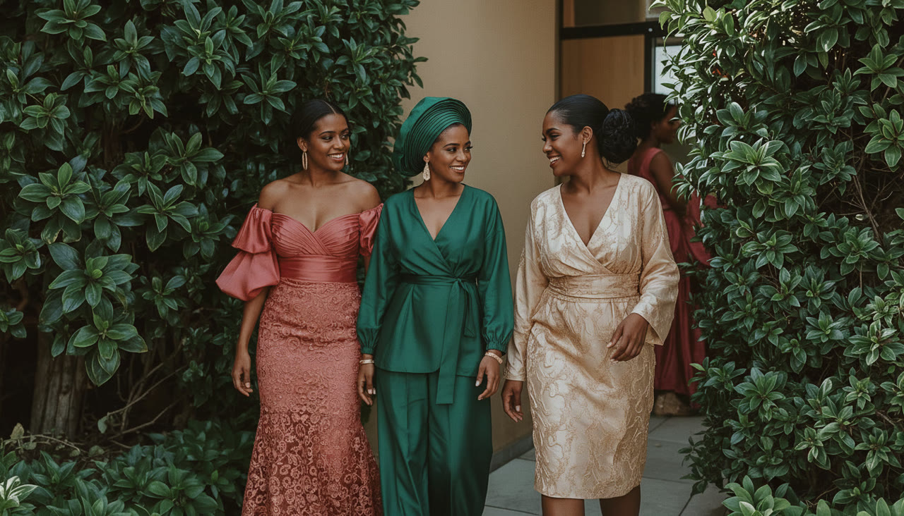 Three women in coordinated clay pink, emerald, and gold wedding attire