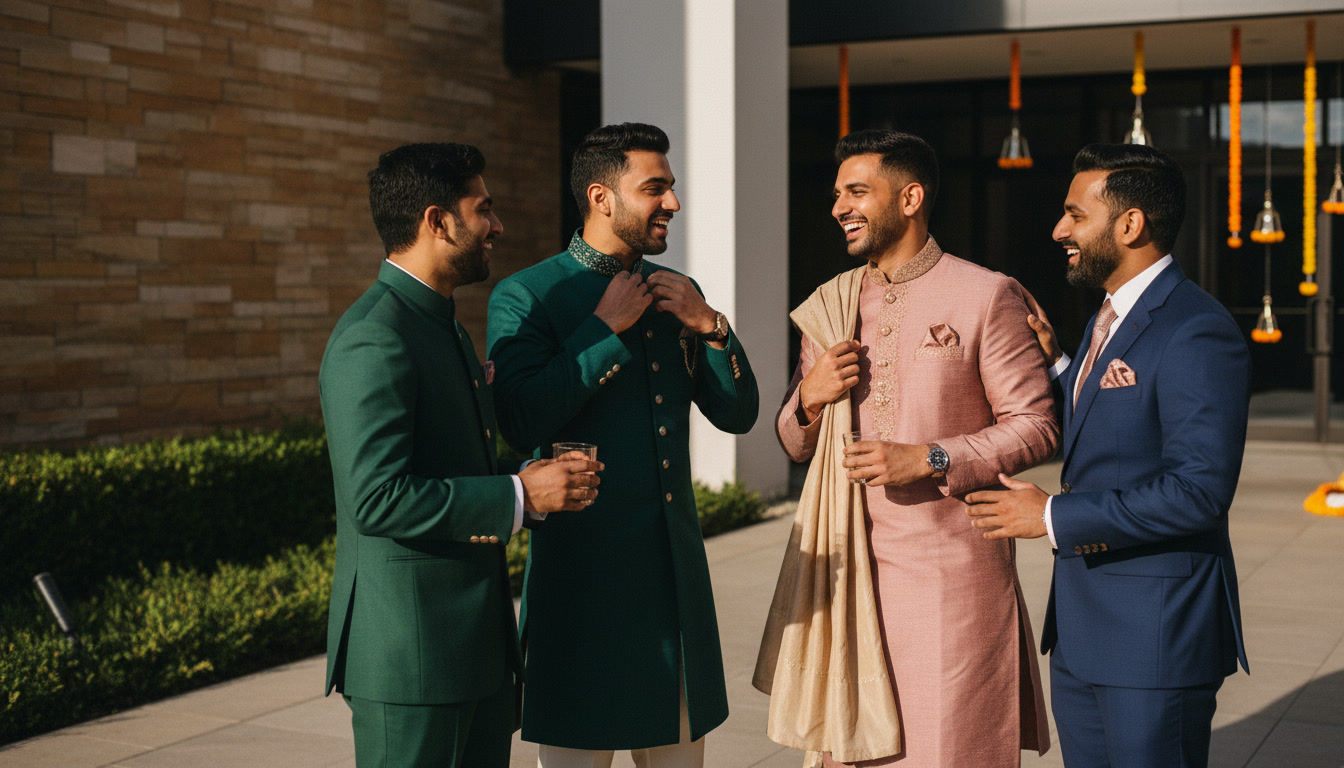Four men in sherwanis and suits sharing a laugh at an Indian wedding
