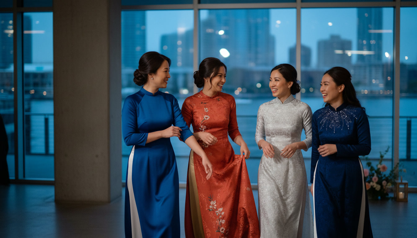 Four women in áo dài in matching cuts and different colours at an evening celebration