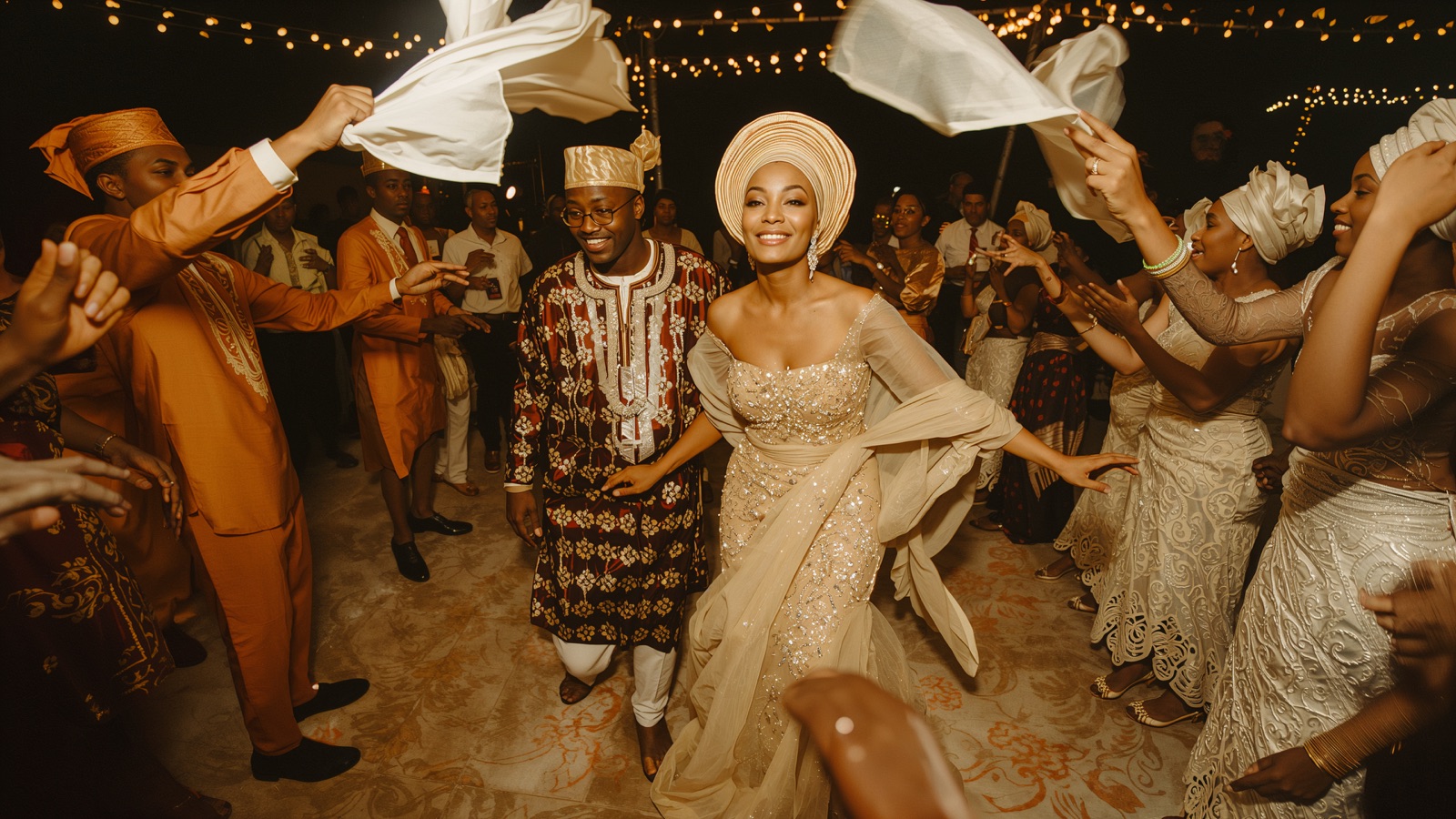 Wedding guests celebrating in coordinated formalwear